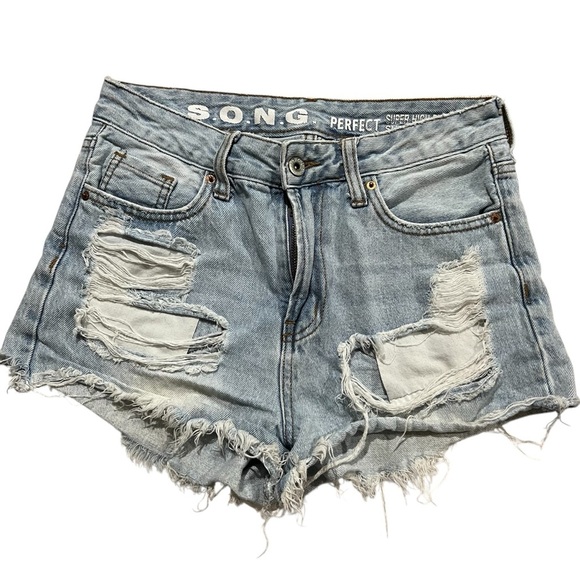 SONG Juniors 5 Light Wash Distressed Denim Jean Super High Rise Shorts R1 - Picture 1 of 5